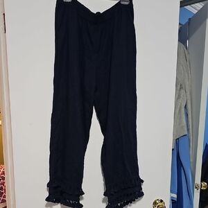 Crown & Ivy Navy Textured Pants With Tassle Hem Sz 10 Elastic Waist EUC
